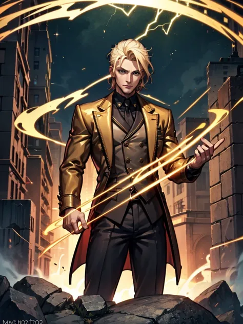 A man，Blonde hair，lightning，Standing，hapiness，agility，Handsome，Cool，Gold coat，domineering，HD