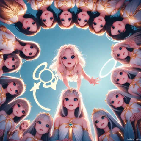 looking up, comingto, surrounded by cute princess girls, geometric, aura, halo, newworld, perfect face, perfect hair