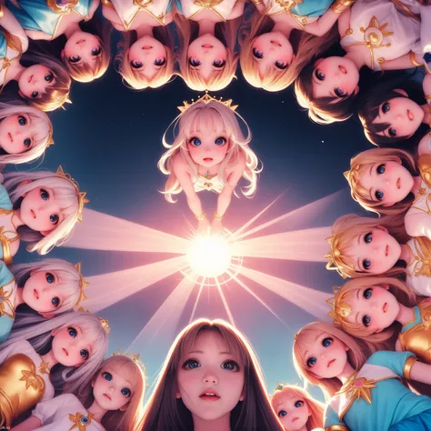 looking up, comingto, surrounded by cute princess girls, geometric, aura, halo, newworld, perfect face, perfect hair