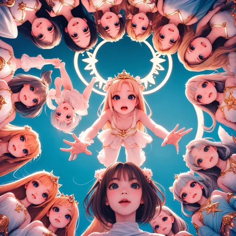 looking up, comingto, surrounded by cute princess girls, geometric, aura, halo, newworld, perfect face, perfect hair