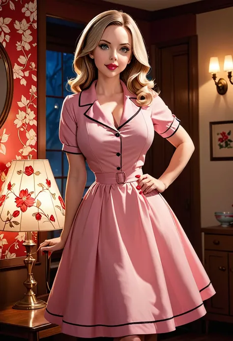  50s house wife. full length. featuring warm lighting and shadows. should be of the highest quality, a masterpiece with intricate details. Hands on hips. cute 50s house wife dress. Red high heels.

 She should have luscious lips, a wide smile, and bright, ...