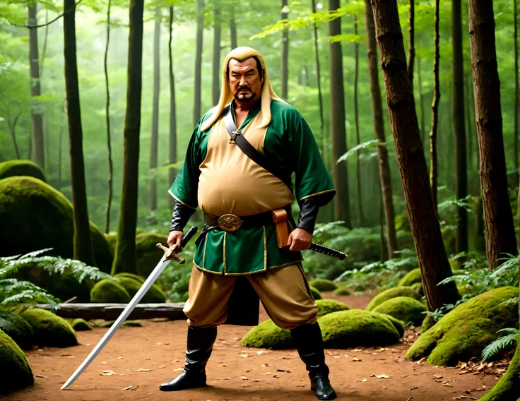 Steven Seagal (current, modern, big belly) in the role of Link (Link costume, blonde wig over black hair, wooden sword at side), akido pose, forest
