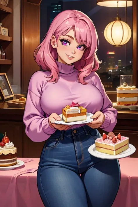 perfect face. perfect hands. a pink haired woman with violet eyes with an hourglass figure in a cute sweater and jeans is eating...