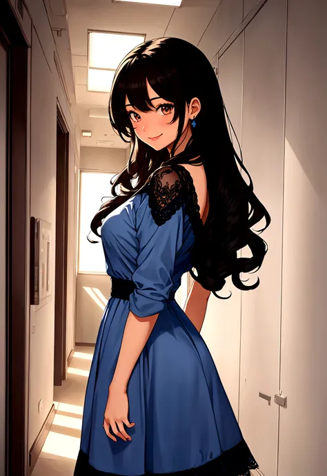 Masterpiece, college school hallway theme background, character: 1 girl, black hair, long curly hair, sweet smile, Brown eyes, clothing light blue dress with lace, modern time current.