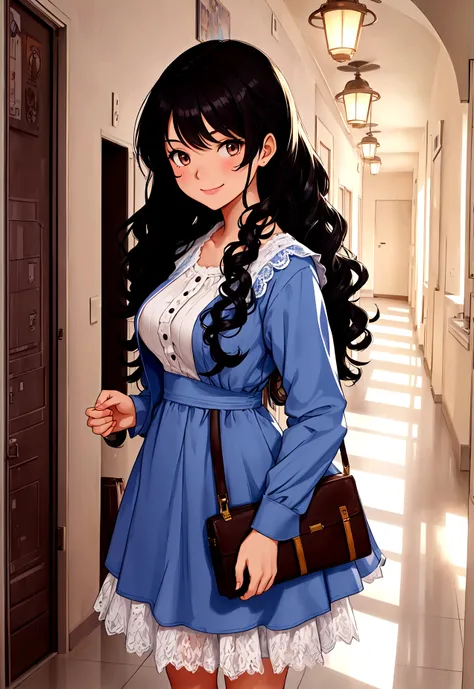 Masterpiece, college school hallway theme background, character: 1 girl, black hair, long curly hair, sweet smile, Brown eyes, clothing light blue dress with lace, modern time current.