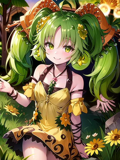 ((masterpiece,best quality)),(extremely detailed CG, unity, 8k wallpaper:1.1),traptrixsera, twintails,1girl,cute,solo,flat chest,yellow hair,smile,small breast,looking at viewer,green hair,tree,grass,forest,naughty face,flowers,stone, 