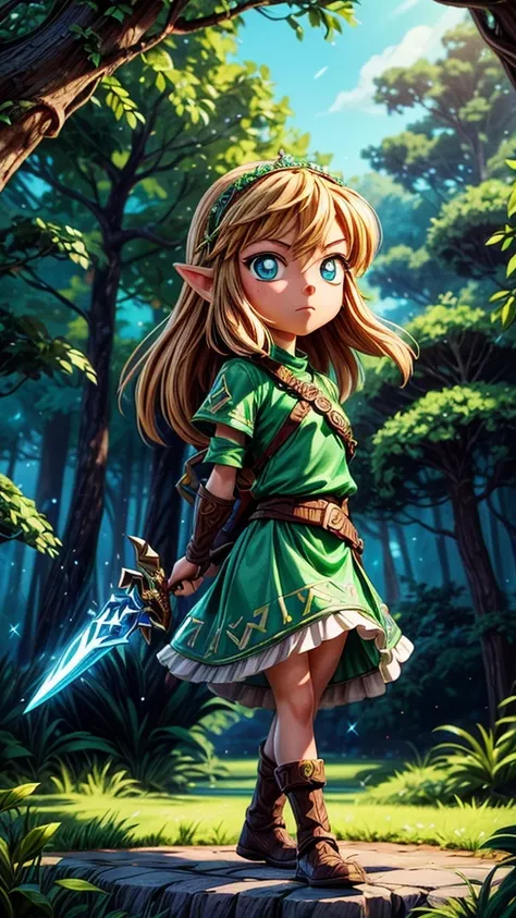 detailed fantasy illustrations of the legend of zelda、a young female protagonist with long hair and piercing blue eyes、wearing a...