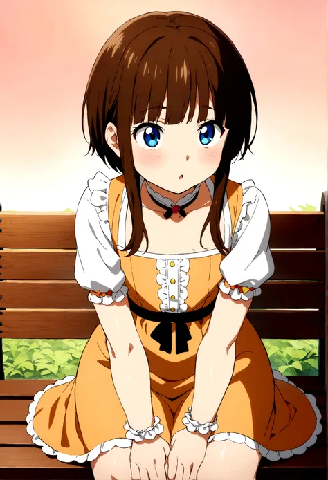 1 Anime boy, flat chest, big hips, high quality image, femboy, otokonoko, brown short hair, bangs, blue eyes, cute outfit, sitting on a bench with 1 anime girl