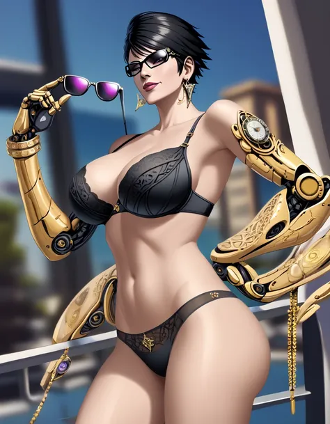 tall beautyfull woman, bayonetta shape, golden robotic arms, short black hair, golden earring, black panties, golden bracelet,su...