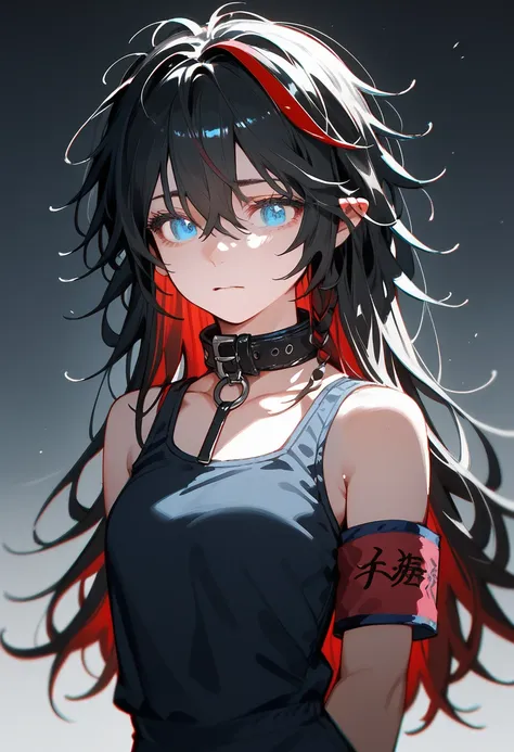 best quality, intricate details, chromatic aberration, 1 girl, long hair, black hair, bangs, messy hair, red highlights, blue ey...