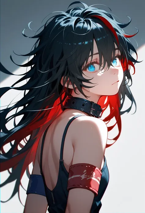 best quality, intricate details, chromatic aberration, 1 girl, long hair, black hair, bangs, messy hair, red highlights, blue ey...