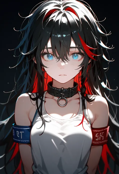 best quality, intricate details, chromatic aberration, 1 girl, long hair, black hair, bangs, messy hair, red highlights, blue ey...