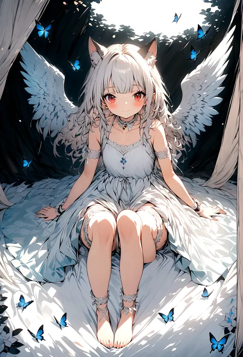 cute loli, cat girl, spread legs, white hair, white dress, red eyes, bare feet, bare legs, feathered wings, angel, innocent, thi...