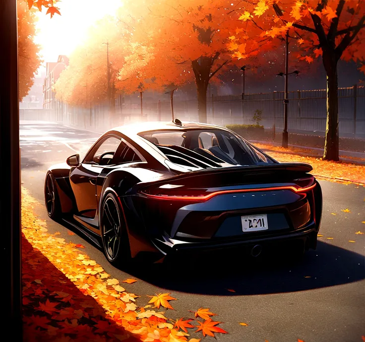 a sports car parked on an autumn leaf-covered street, autumn, global illumination, volumetric lighting, best quality, extremely ...