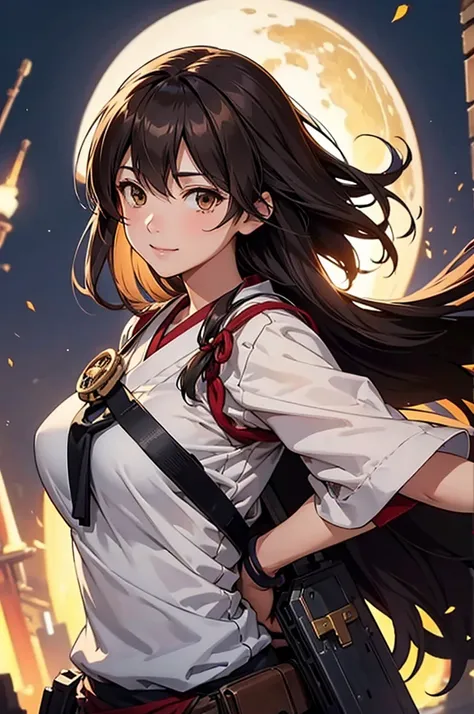 Highest quality, Tabletop, High resolution, alone, {Akagi_Fleet Collection:1.15}, length_hair, brown_hair, brown_eye, breastplate, tasuki, smile, One Girl , Japanese_Clothes, , Partially_Fingerless_gloves, arms, twist, single_Hand guard, extended_非常に精巧なarm...