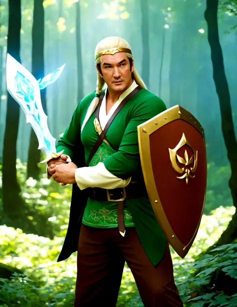 Steven Seagal (current, modern, big belly) in the role of Link (Link costume, elf ears, blonde wig over black hair, Links shield on arm), akido pose, forest. Small magic fairy hovers nearby blue aura
