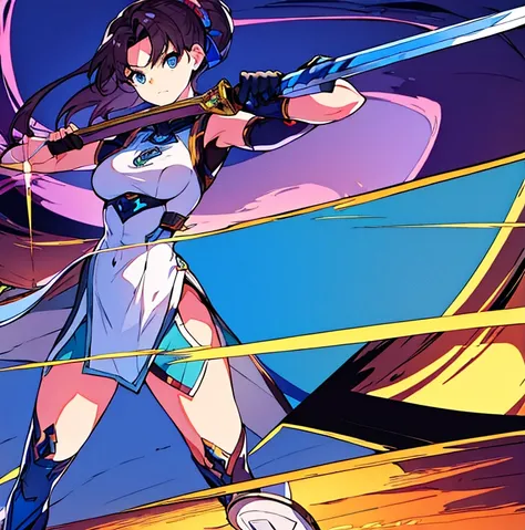 an animated character is in the background of a video game screener and an image of a girl in an with a sword on her shoulder and her breasts spread out