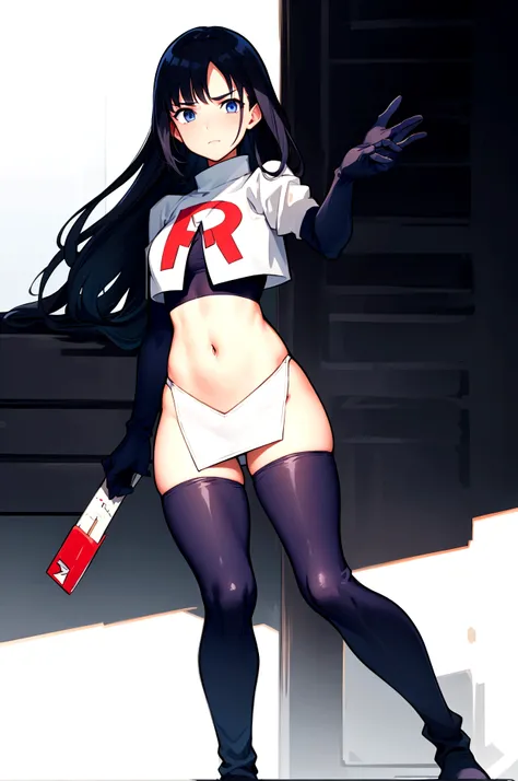 masterpiece, best quality, team rocket,team rocket uniform, swxy, virjin, stupid, villian,female officers uniform, crop top, black jeans on ass