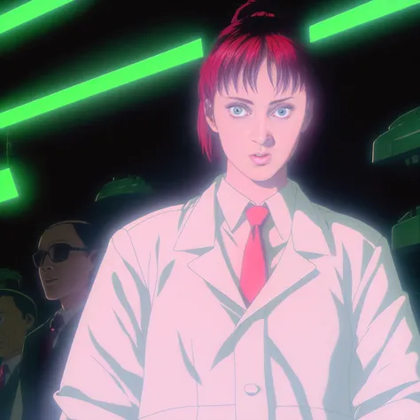 a woman in a suit and tie with a red tie on her head and a green light in the background