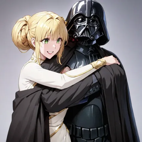 ((Highest quality)), ((masterpiece)), (detailed), （Perfect Face）、The woman is a Stormtrooper named Tiare, with green eyes, blonde medium-length hair, and a Princess Leia hairstyle. She is wearing a luxurious Princess Leia costume of black with gold embroid...