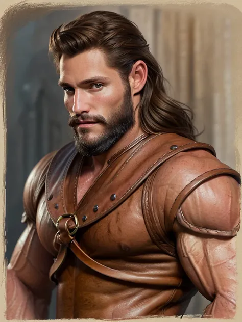 male, no long hair, portrait of a ruggedly handsome gay, muscular, body, masculine, mature, leather, d & d, fantasy, intricate, ...