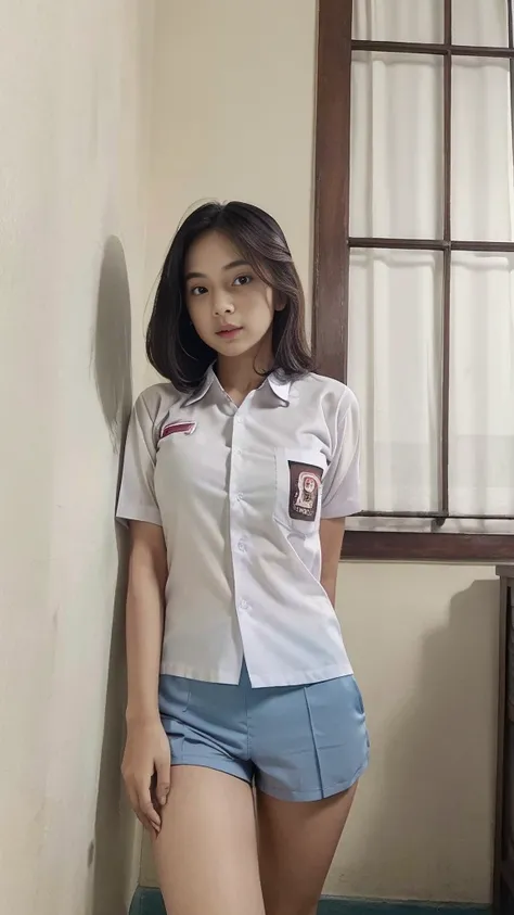 (pp clothes), (realistic), ((8k)), (masterpiece), ultra realistic, girl showing her panty, show underwear, standing, open legs, view to front, view to camera, wear tight short pants, Indonesian face, wearing uniform shirt, bedroom situation, view from fron...