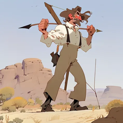 1man, Old West, cartoon, Brown wavy hair, big hair, strong Body, white dress shirt with, black suspender, faded black pants patched, Beret, thin big mustache, cheek spot, Arrogant, young adult, Muscular, full body, Holding a bow and arrow, Farm in the dese...