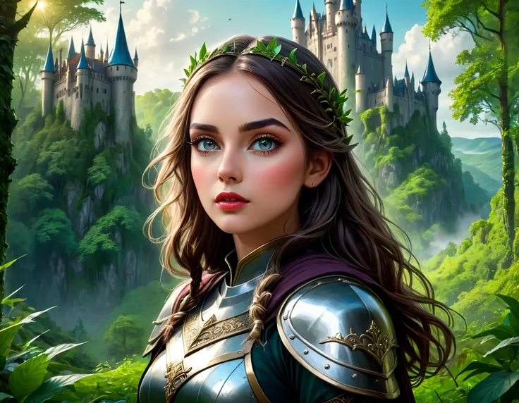 a fantasy landscape, detailed forest with lush foliage, epic castle in the distance, beautiful detailed eyes, beautiful detailed...