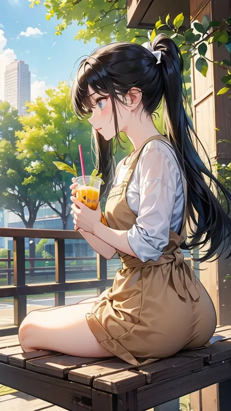  **background**：Urban park cafe、A space where nature and the city blend together  
   **woman**：Twin tails、スポーティなアスレジャーウェアを着たwomanが、Enjoying a healthy smoothie