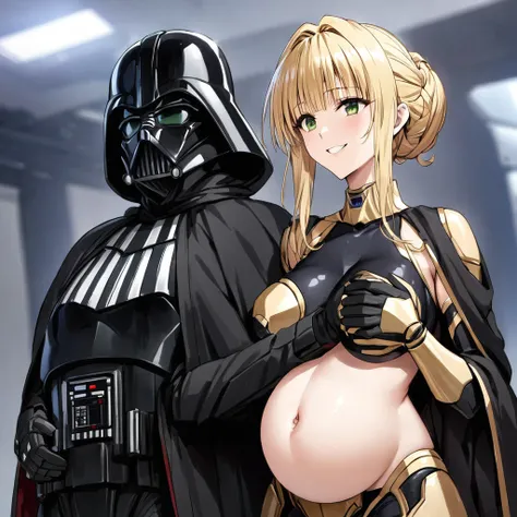 ((Highest quality)), ((masterpiece)), (detailed), （Perfect Face）、The woman is a Stormtrooper named Tiare, with green eyes, medium blonde hair, and a Princess Leia hairstyle. She is wearing a gorgeous black Stormtrooper bodysuit with gold patterns and trim,...