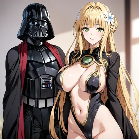 ((Highest quality)), ((masterpiece)), (detailed), （Perfect Face）、The woman is a Stormtrooper named Tiare, with green eyes, blonde medium-length hair, and a Princess Leia hairstyle. She is wearing a gorgeous black leotard suit with gold embroidery and trim,...