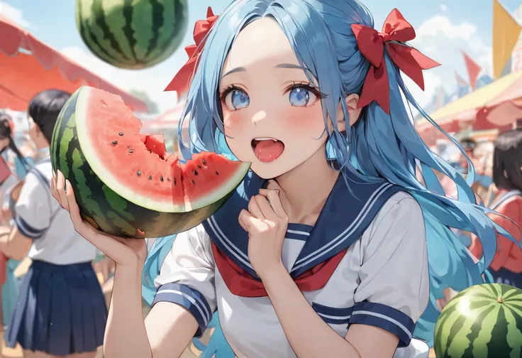 (Watermelon Smashing style), (eating watermelon), (solo:2, 15 yo, forehead:2 blue hair long hair lovely girl, lovely blue eyes, open cute mouth, glossy lip), (in a summer school sailor suit, skirt, red ribbon), hand holding a cut watermelon, break, in the ...