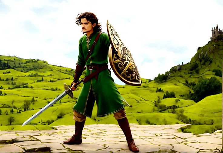 Orlando Bloom (2008, Link Costume, wooden sword, shield on back) heroic pose, monster in distance
