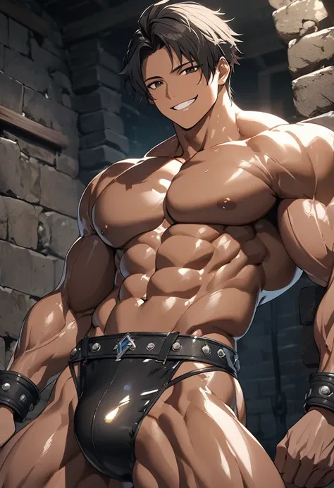 high quality, detailed, (22 years old japanese idol wrestler boy), (detailed black eyes), (black short hair), (muscle:1.5), (dark brown shiny skin:1.3), black tiny thong, bulge,(detailed nipples), yard, dungeon, (best quality,4k,8k,highres,masterpiece:1.2)...