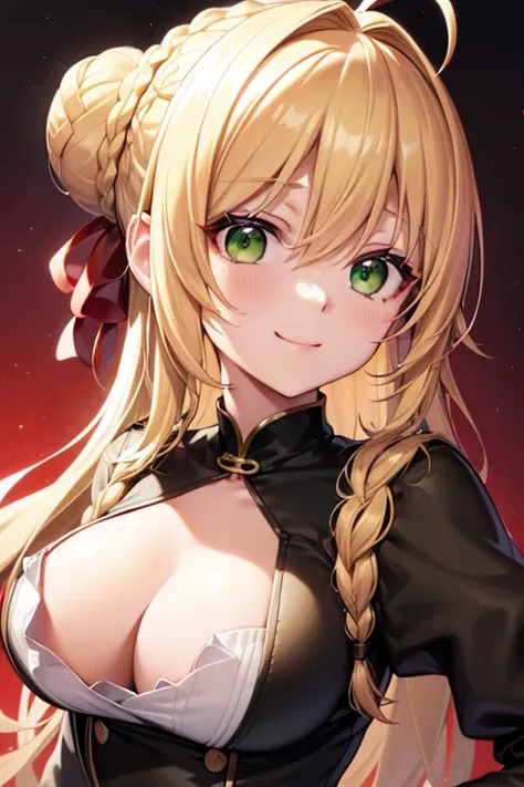 Fugonero, black, Ahoge, Blonde, (Green Eyes: 1.5), Hair between the eyes, Hair Intake, smile, smile, Take a break、(((Braided bun)))、button、disconnected、Cut-out neckline 、Clothing cutouts、dress、epaulet、(((French Braid)))、Gold border、Hair Bun、Juliet Sleeve、L...