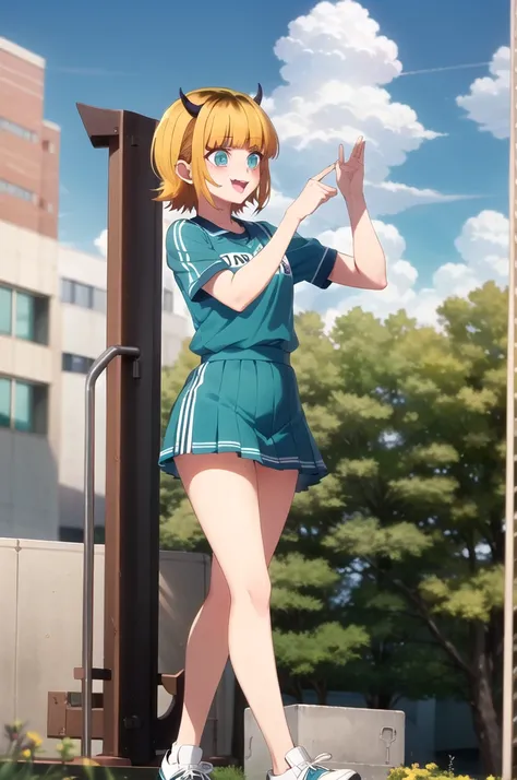 Highest quality, masterpiece, detailed, memcho, Open your mouth, A slight blush, :3, smile, short hair, Blonde, Multicolored Hair, Aqua Eye, Blunt bangs, horn, 
 
	cheerleader
.Are standing, Looking at the audience, (Day:1.2), garden, Outdoor
