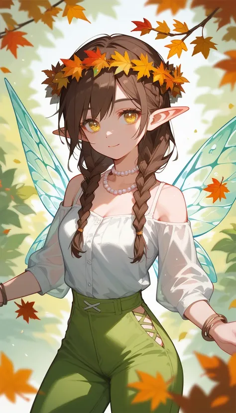 (Fraction_9,Fraction_8_Direction_7_up),（1 woman），Elf，Yellow eyes，Brown hair，Braids，Elf transparent wings，Knickers，Green pants，Pointed ears，Pearl jewelry on neck，White top，Colorful wreath on head，The skirt is made of leaves，