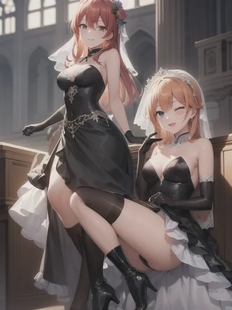 A girl，Long hair, Bangs, Orange hair, Hair between the eyes, s eyes:（1.5),  (Medium breasts:1.2), 
rest  锁骨, Wedding dress，veil，wedding，Black dress，Flowers，The skirt is broken，Black socks，Black knee socks，Black gloves，boots，Cleavage，，
Looking at the audien...