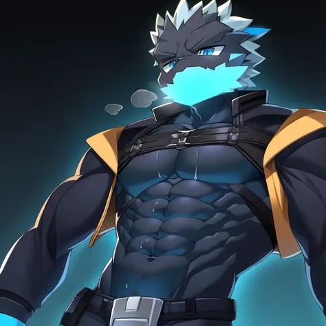 Thin macho　western black dragon　　abs　　　　　Hollow abs　　body suit　　thick arms　　　chest rig　　　、sweaty　　　skin glow　　profile　　Wearily　short of breath　　  　Chemo shota　　
have a 　blue eyes　Tired look jacket