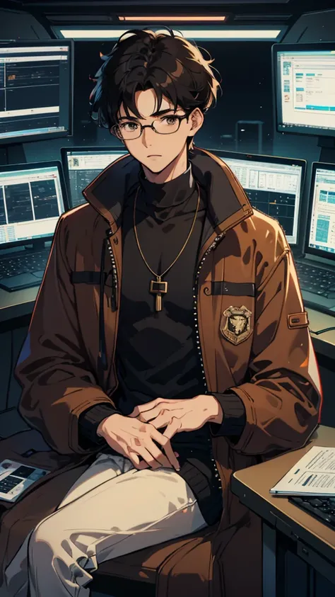 1 boy, Young Man, Eyes staring at the camera, Perfect Male Body, (Black Hair, Brown coat,Brown sweater, Glasses, Sit in front of your laptop),Computer screen, Control Room
