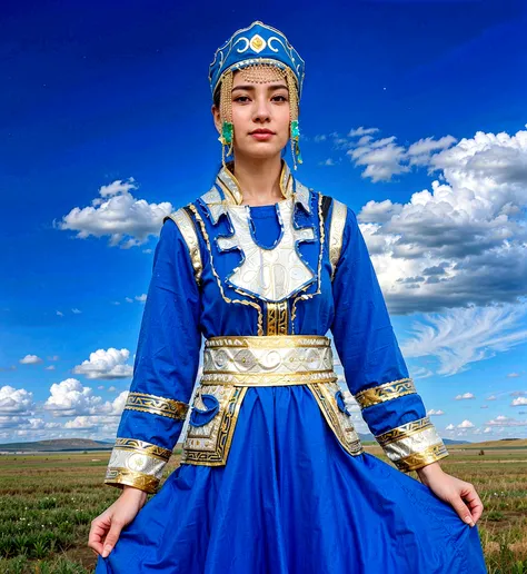 arafed woman in a blue dress and a blue hat standing in a field, a young woman as genghis khan, traditional clothing, kazakh empress, traditional costume, traditional clothes, traditional dress, wearing authentic attire, mongolia, authentic costume, wearin...