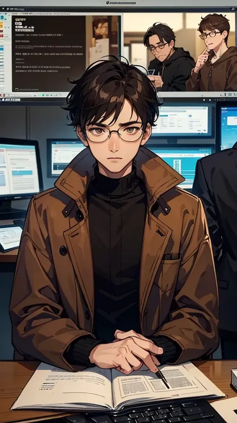 1 boy, Young Man, Eyes staring at the camera, Perfect Male Body, (Black Hair, Brown coat,Brown sweater, Glasses, Sit in front of your laptop),Computer screen, Control Room
