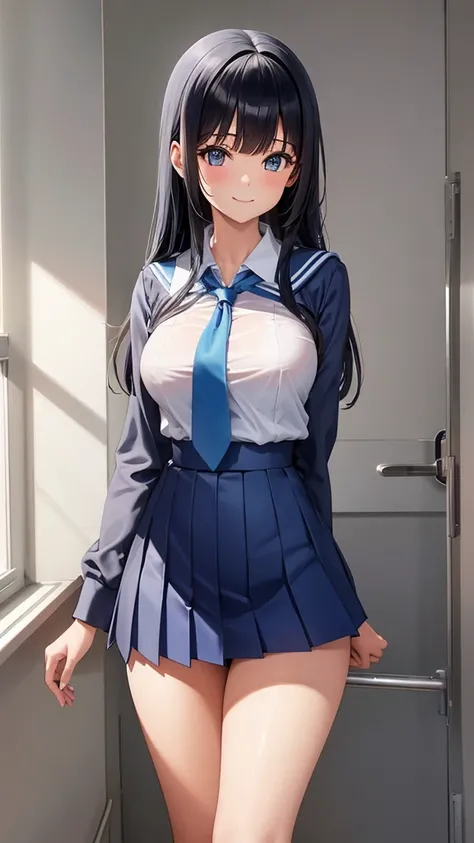 photo of sexy 1girl, tall,leggy,smile,standing in neat rows, in the school gymnasium, wearing white (basic school sailor uniform), long sleeve, blue sailor collar, shiny blue tie pleated blue_mini_skirt, beautiful eyes, shiny black hair,navy short socks, f...