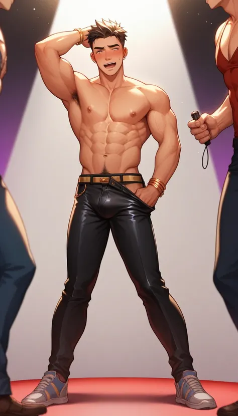 best quality, masterpiece, handsome 18 year old asian boy, singing at rave club, embarrassed expression, three sexy men pull down his pants and tear off his shirt, zoomed out, full body, fill frame, sexy, gay, homoerotic, perfection, no watermark, no logo,...