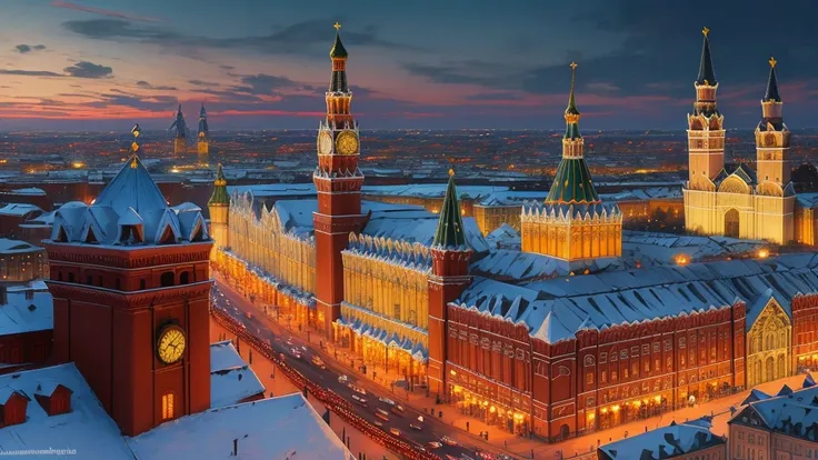 arafed view of a city with a clock tower and a clock tower, moscow, red square moscow, russian city, russian architecture, red square, inspired by Vasily Surikov, beautiful russia of the future, by Vassily Maximov, russia, by Dmitry Levitzky, by Alexey Ven...