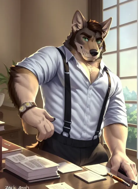 william adler, solo, mature male, bara, muscular male, wolf tail, yellow eyes, smile, (pose:1.3), (posing:1.3), (soft shading), ...