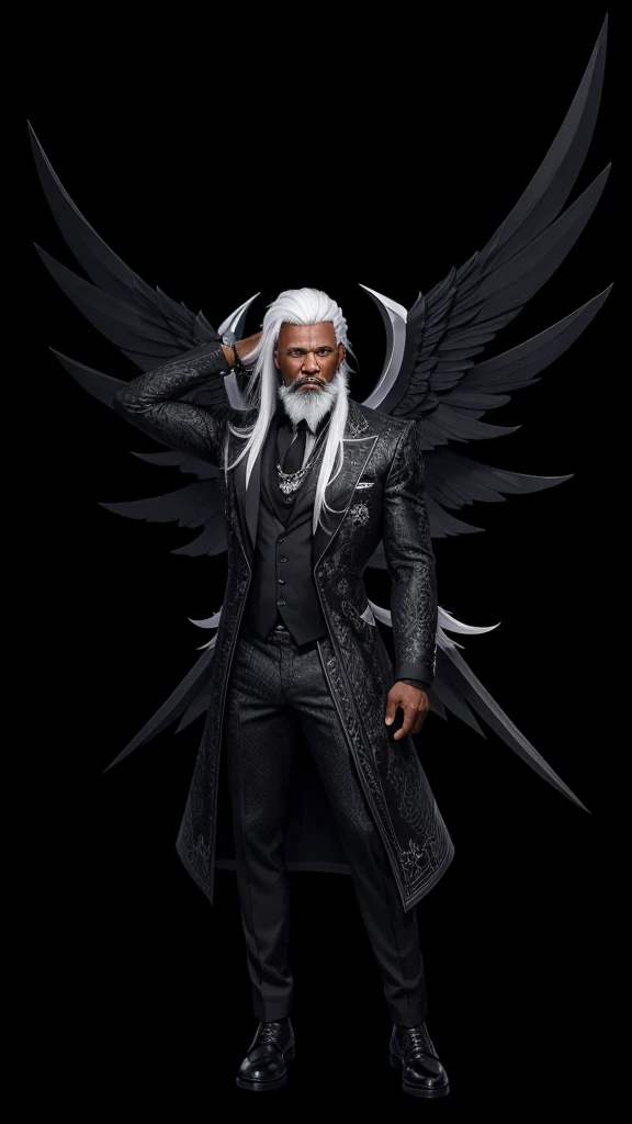 A very strong black gentleman with full body, with a set of black clothes, with black wing, with straight white hair and white beard.