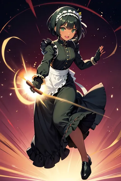 Anime Art、Full body portrait、Future SF warrior、A dark-skinned woman, about 160cm tall, about 19 years old, wearing a black long-sleeved shirt, black maxi skirt, and white frilly apron, waving a light beam Bullwhip in her hand、Large gloves、Laughing with mou...