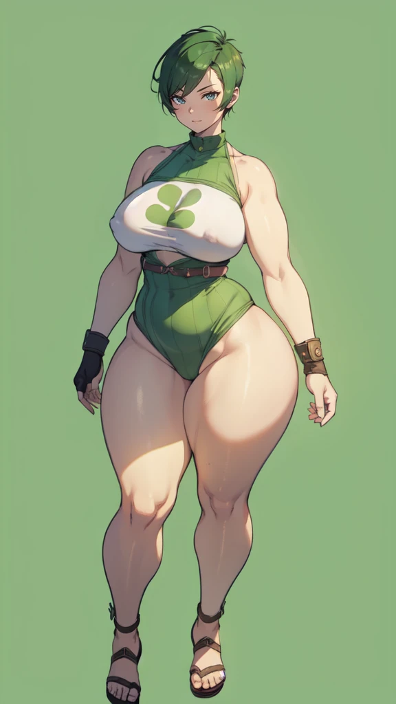 (masterpiece), best quality, female warrior, huge girl, female muscular:1.2, ((very short hair:1.6)), green hair, big breast, (curvy:1.7), (((blank background))), ((full body)), fingerless gloves, sandals, sleeveless, covered nipples, tshirt top, shaved ha...