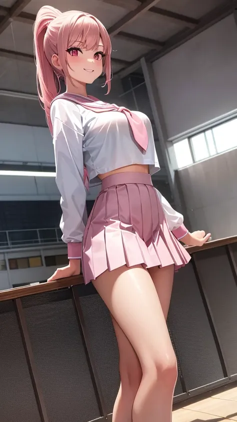 photo of sexy 1girl, ponytail,tall,leggy,smile,standing in neat rows,in the school gymnasium, wearing pink (basic school sailor uniform), long sleeve, pink sailor collar, shiny red tie pleated_pink_mini_skirt,pink short socks, beautiful pink eyes, shiny pi...